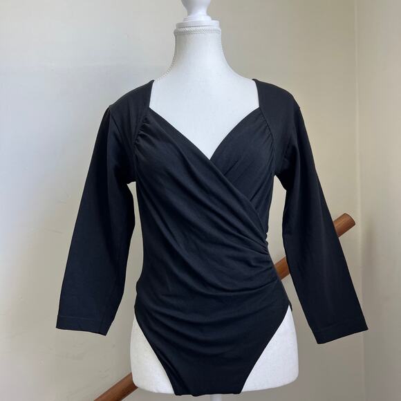 Victoria's Secret Tops - Vintage Gold Label‎ Victoria Secret 80s Long Sleeve Bodysuit Black Wrap Surplice